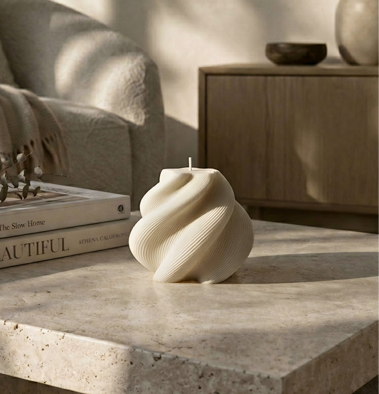 Bougie sculpturale SIGNATURE BØREA créant une ambiance élégante et apaisante dans un intérieur minimaliste