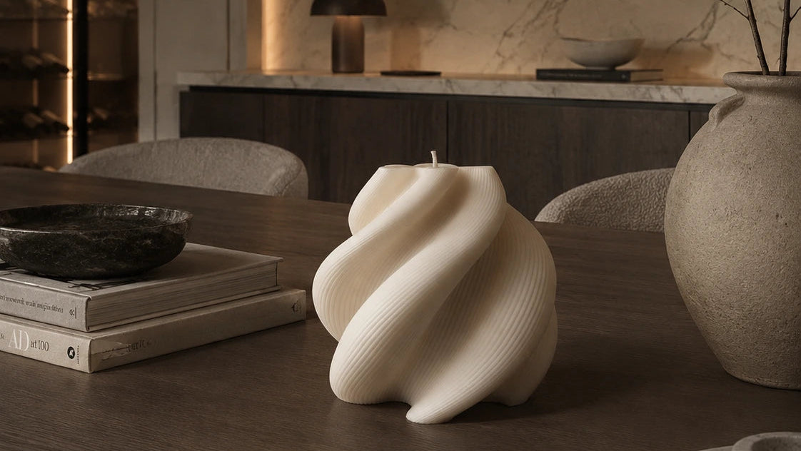Bougie sculpturale BØREA dans un intérieur chaleureux et minéral inspiré du design nordique et du luxe contemporain