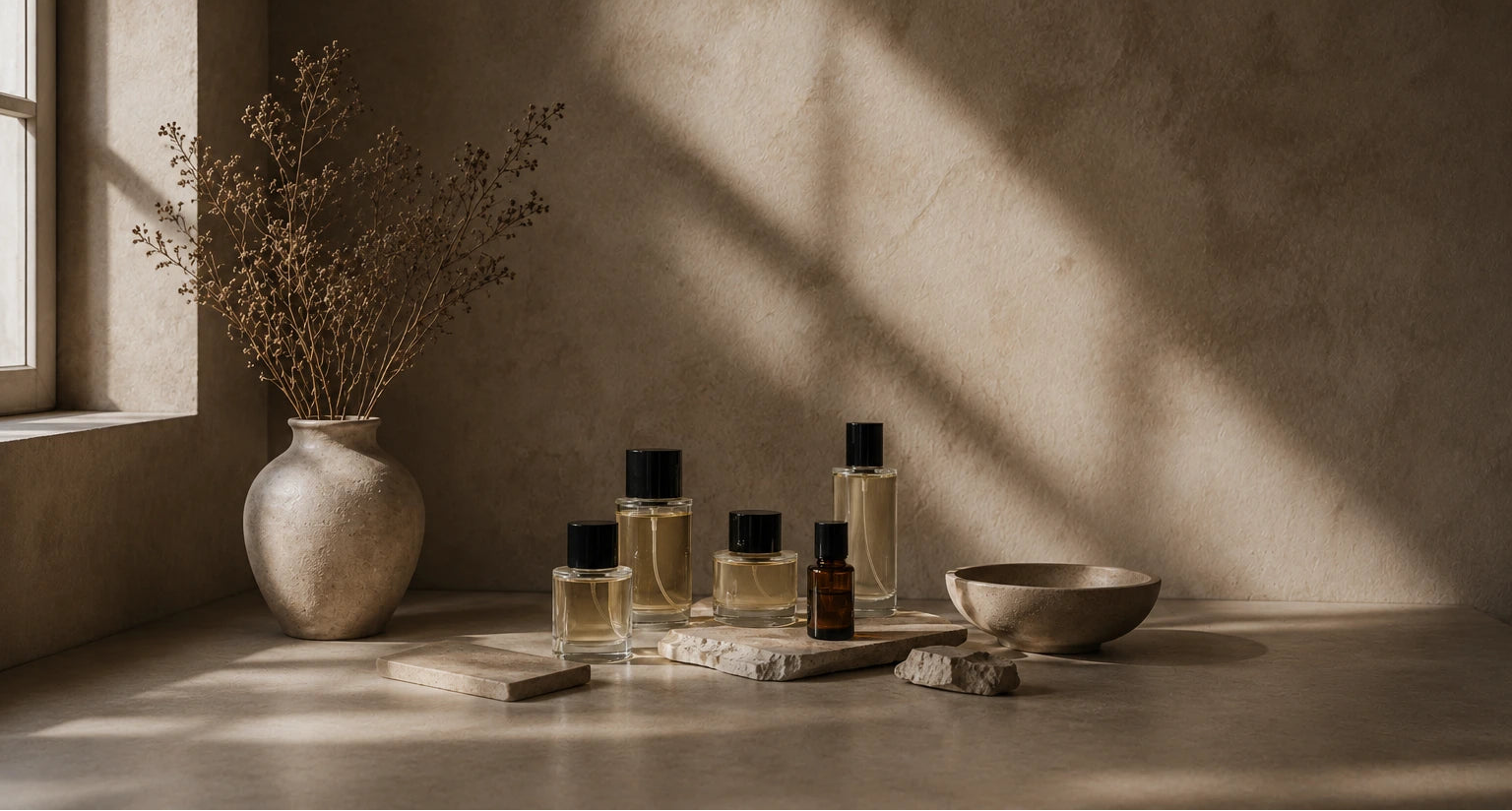 Composition de fragrances BØREA dans une ambiance minimaliste et lumineuse évoquant le luxe naturel et le savoir-faire parfumeur
